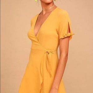 lulus my philosophy golden yellow wrap dress